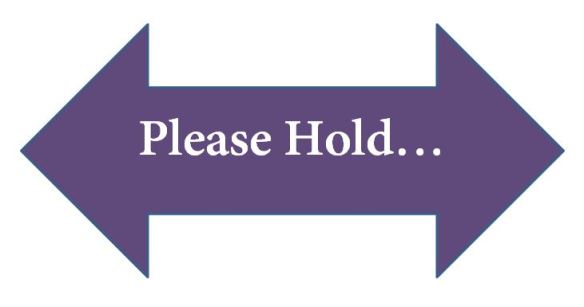 Purple arrow pointing both left and right. In the middle in white font it says, "Please hold..."